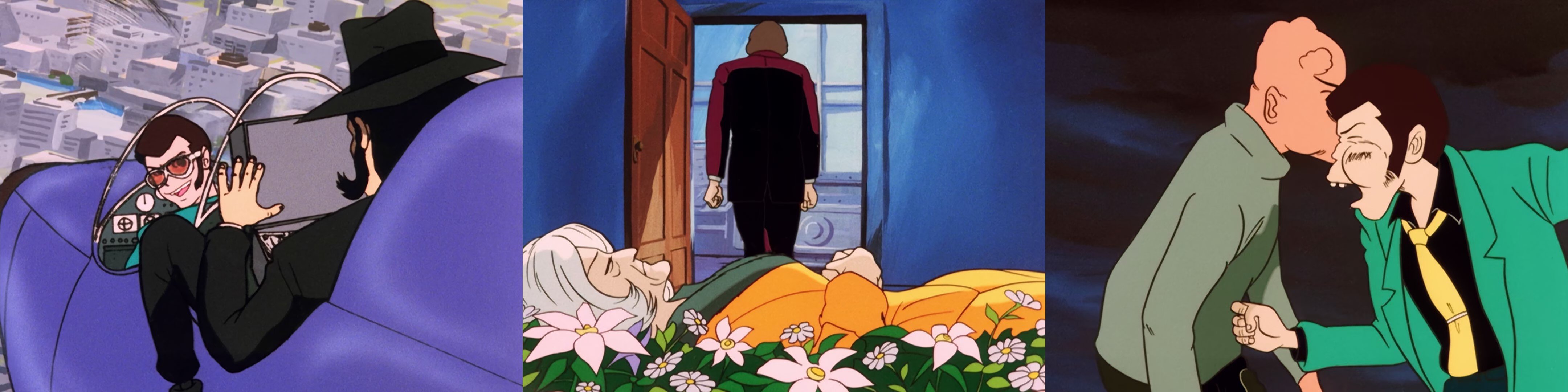 A sinistra: Lupin e Jigen in una delle scene di volo dell’episodio 10. Al centro: la tragedia di Ivanov e Silver Fox. A destra: Lupin e Flinch pieni di lividi si tirano gli ultimi cazzotti prima di stramazzare entrambi a terra.