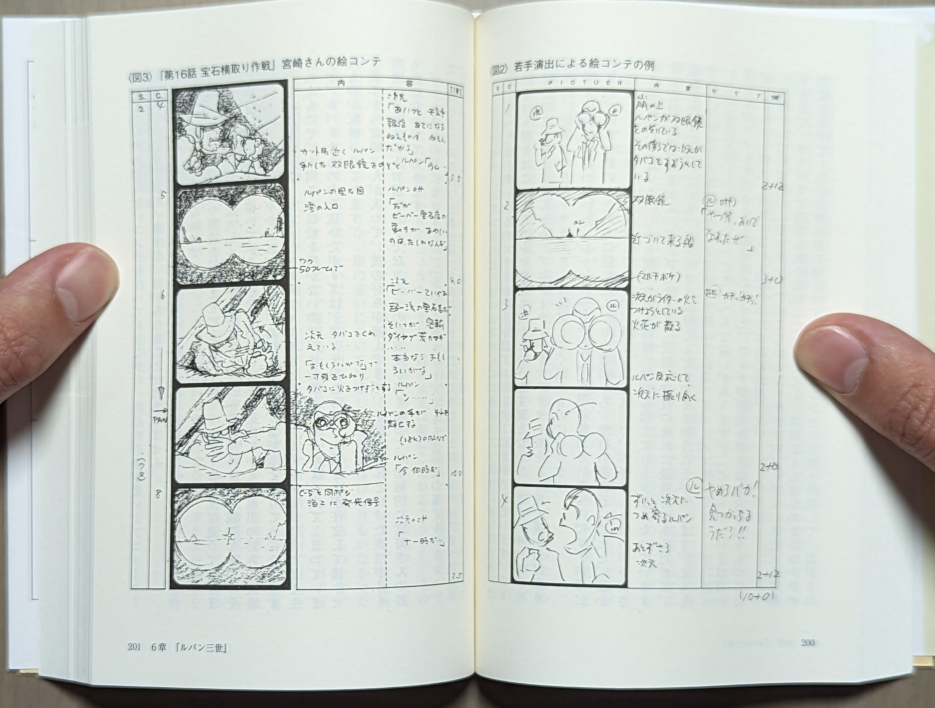 Nel capitolo in cui parla di Lupin III Part 1 del suo libro autobiografico Sakuga ase mamire, Ōtsuka spende alcune pagine per parlare dell’importanza di uno storyboard dettagliato usando quelli realizzati da Miyazaki come esempio. La precisione nel ritrarre le pose, le inquadrature e i movimenti di macchina sono fondamentali per la buona riuscita dell’episodio finale. A questo proposito, Ōtsuka racconta che gli storyboard di Miyazaki sono così dettagliati da influenzare persino lo stile di disegno degli animatori che li usano come riferimento e per questo nelle sue opere è possibile rivedere la sua impronta un po’ dappertutto. In foto: due pagine dal libro che mettono a confronto due storyboard che ritraggono la stessa sequenza (si tratta della scena di apertura dell’episodio 16). Il primo (sulla destra) è l’originale, il secondo (sulla sinistra) è invece la versione ridisegnata da Miyazaki.